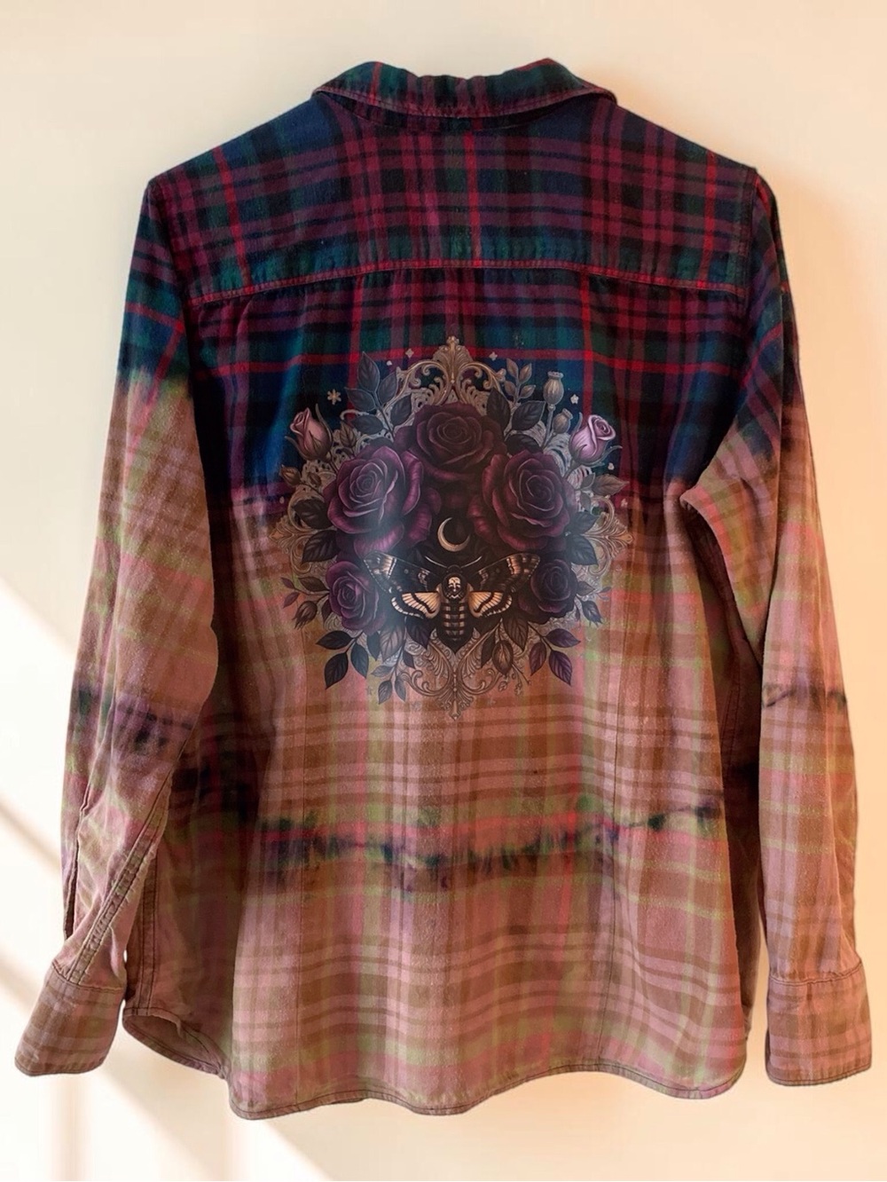 Eddie Bauer Womens XL Upcycled Bleached Flannel Shirt Moth Roses Graphic